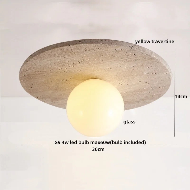Yellow Travertine LED Ceiling Lamp Wood Canopy Nordic Modern Light Fixture