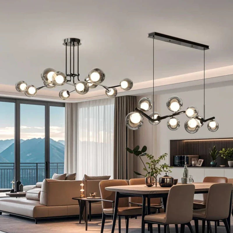 Afralia™ Glass Globe Black Led Pendant Chandelier - Nordic Style Dining Room Decor