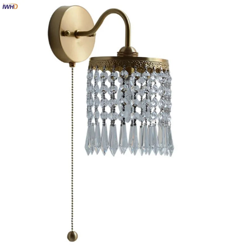 Crystal LED Wall Sconce Pull Chain Switch Brass Mirror Light