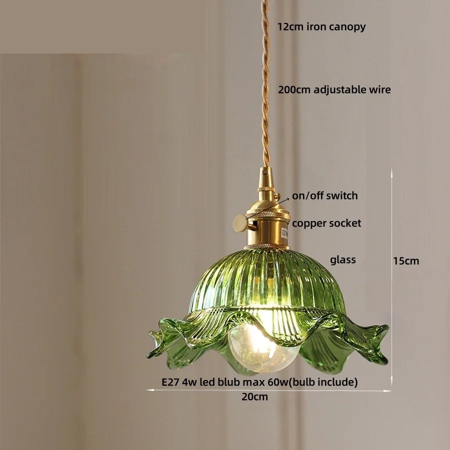 Afralia™ Vintage Green Glass Flower Knob Switch LED Pendant Lights, Copper Hanging Lamp