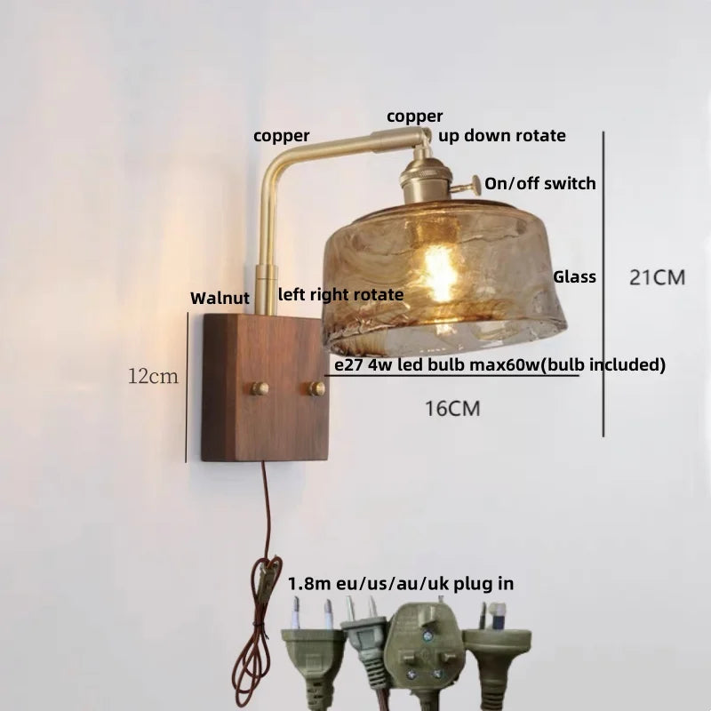 Wood LED Wall Light Up Down Rotate Copper Bedside Lamp