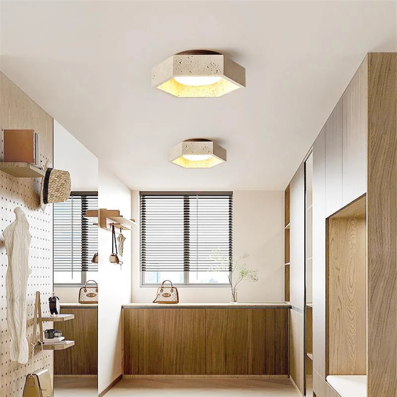 White Glass LED Ceiling Light Fixture Modern Yellow Stone Wood Base Nordic Design