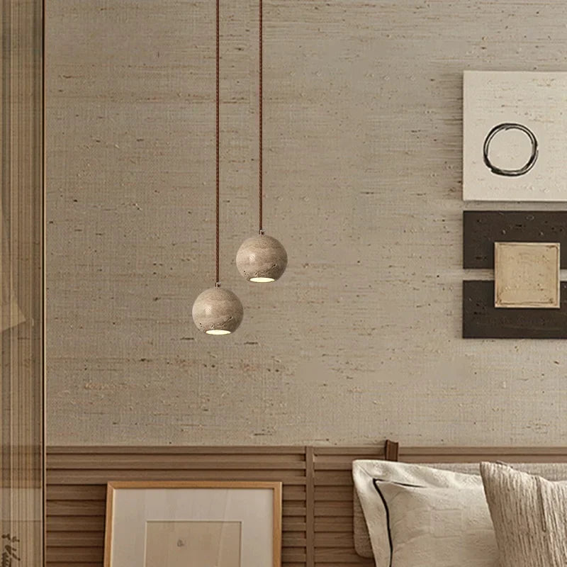 Yellow Travertine Spherical Stone LED Pendant Light for Bedroom Dining Living Room