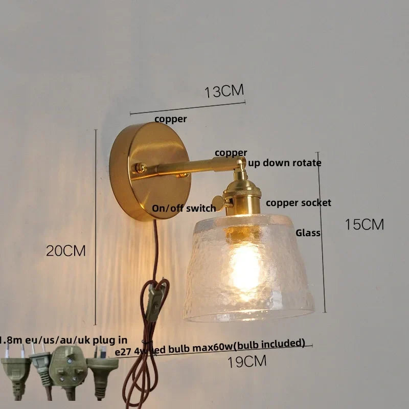 Clear Glass LED Wall Lights Brass E27 Pull Chain Switch Bedside Lamp