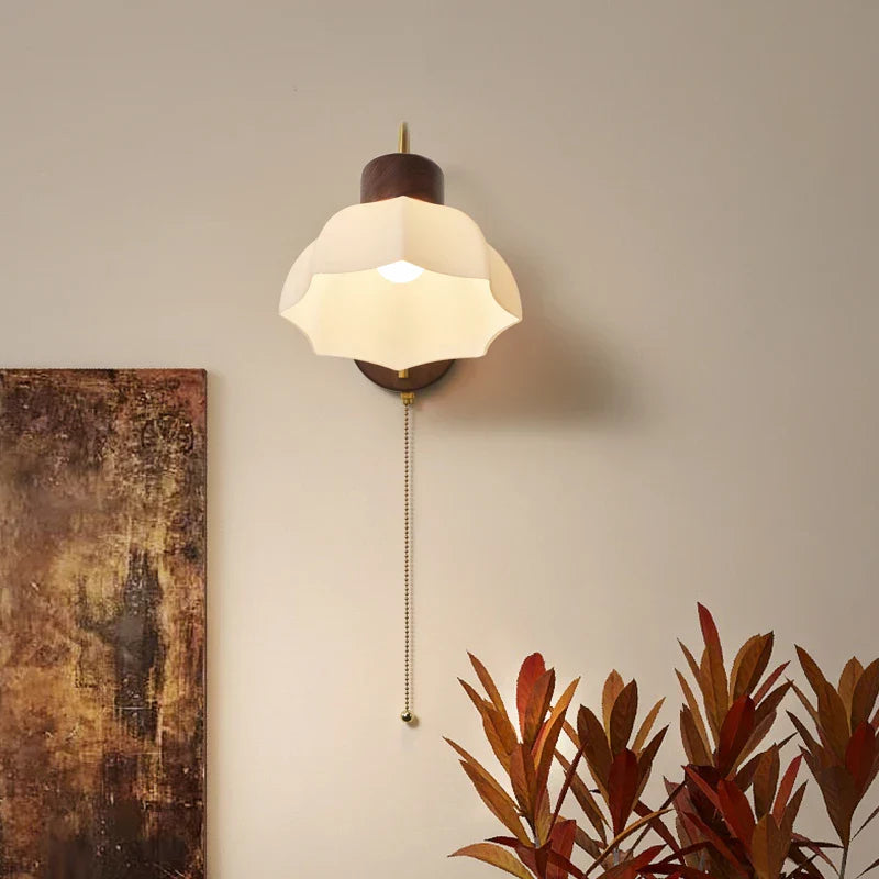 LED Wall Sconce Pull Chain Switch Modern Stair Lights Glass Wood