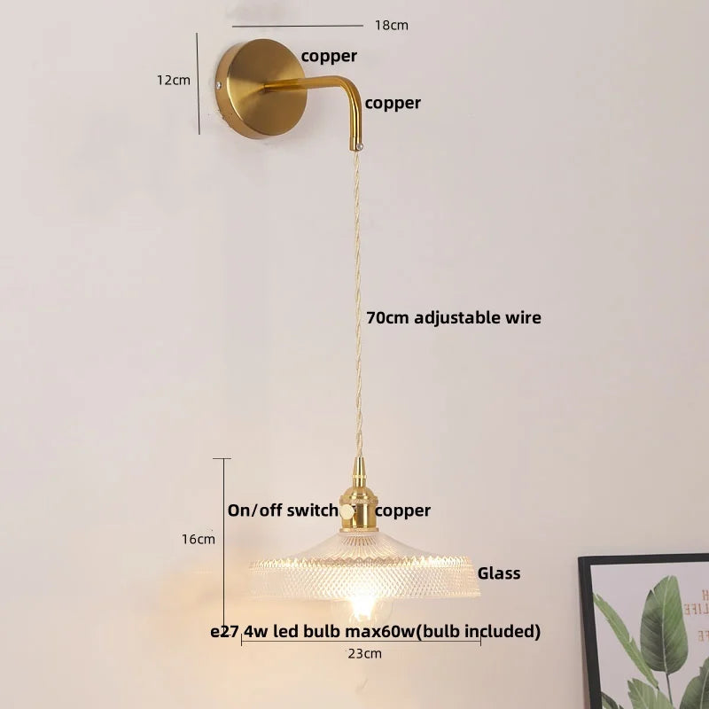 Copper LED Glass Wall Sconce with Pull Chain Switch for Living Dining Room