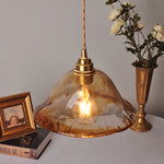 Amber Glass LED Pendant Light Fixture, Vintage E27 Copper Hanging Lamp
