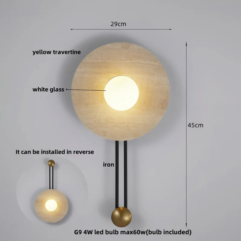 Yellow Travertine LED Wall Lamp, Modern Glass Ball Bathroom Mirror Light