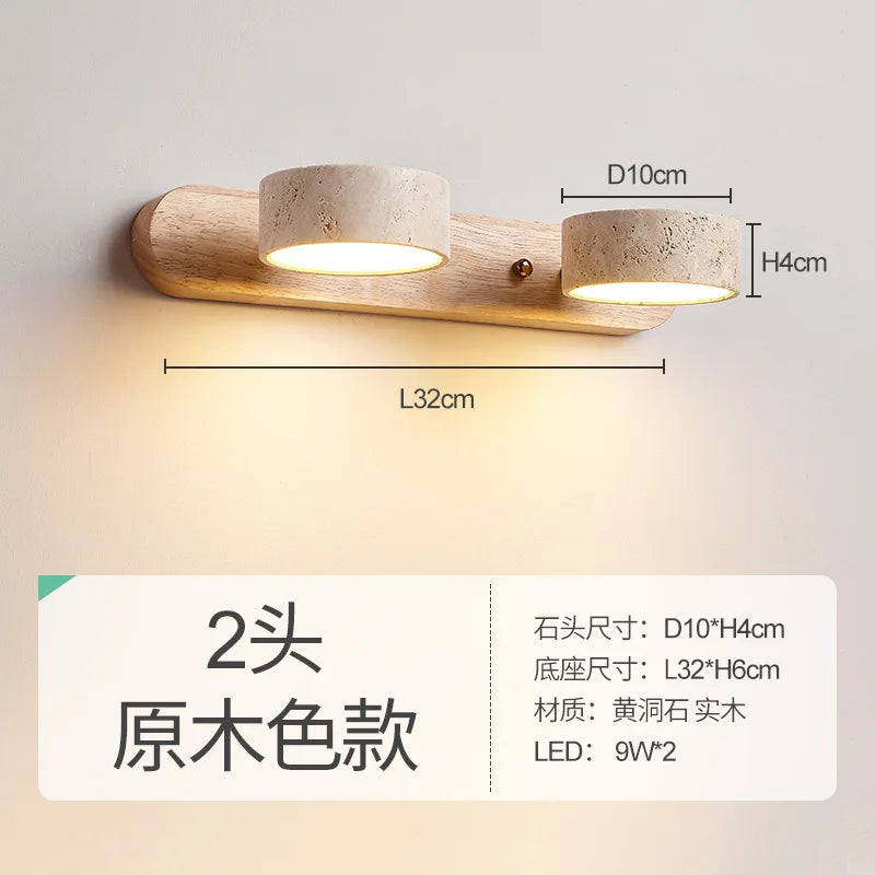 Travertine Wall Sconce Light Wood Rotatable for Bedroom Bedside