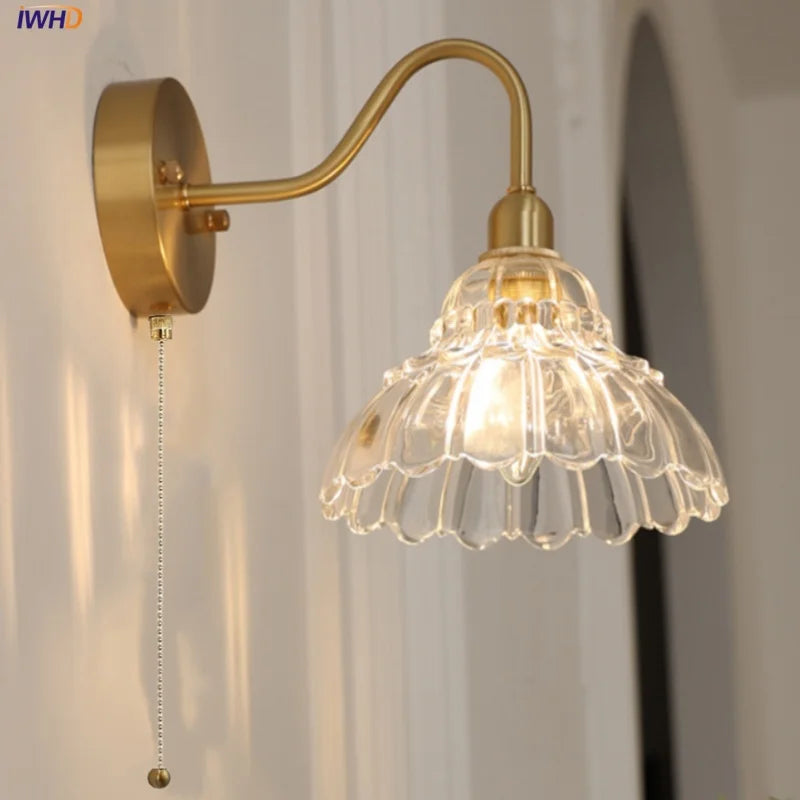 Brass LED Wall Sconce Clear Glass Pull Chain Switch Modern Vanity Light