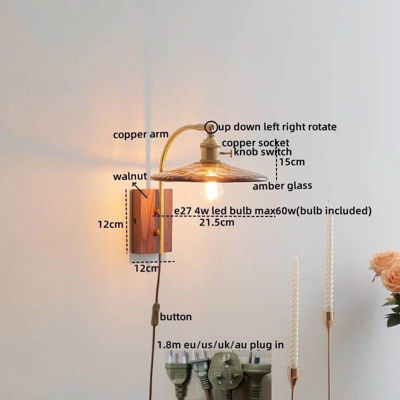 Ceramic Walnut LED Wall Lights Modern Bedside Lamp - Knob Switch