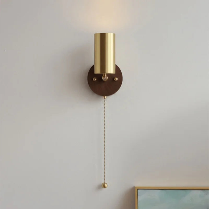 Copper Lampshade LED Wall Sconce Pull Chain Switch Nordic Modern Walnut Wood Mirror Light