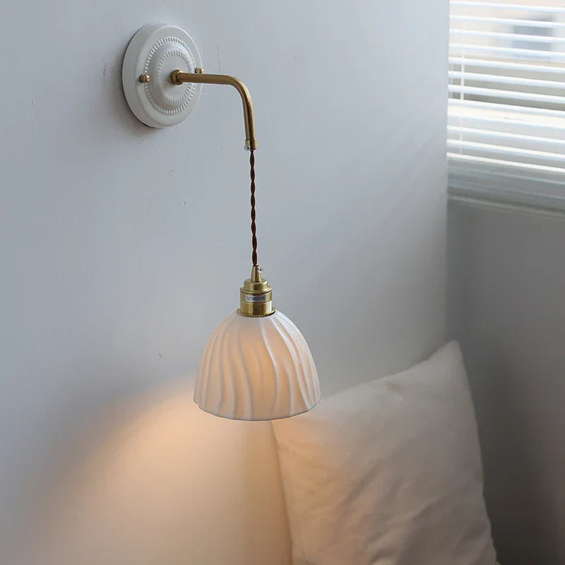 Ceramic Wall Sconce with Copper Arm | Pull Chain Switch LED Bedroom Lamp