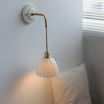 Ceramic Wall Sconce with Copper Arm | Pull Chain Switch LED Bedroom Lamp