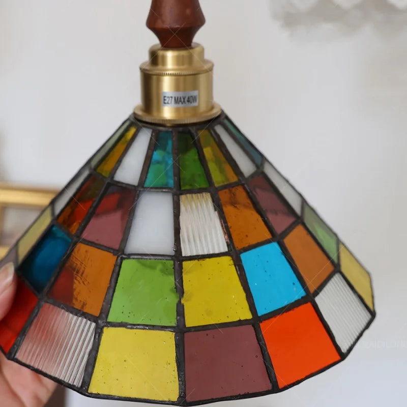 Walnut Wood LED Pendant Light Fixture with Colorful Glass Hang Lamp
