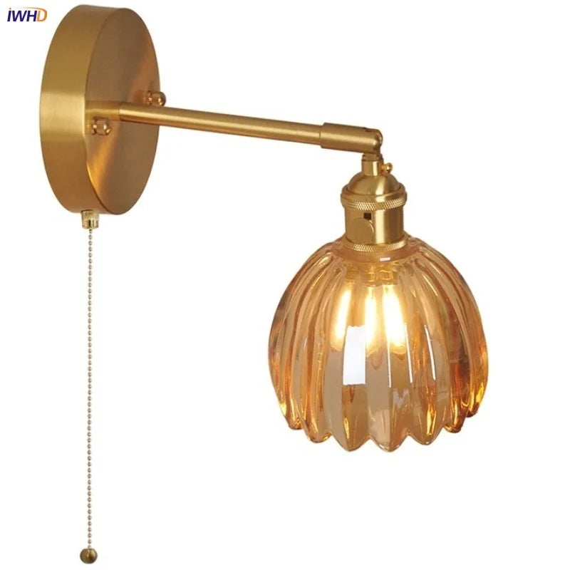 Afralia™ Amber Glass Vintage Style LED Wall Light with Pull Chain Switch