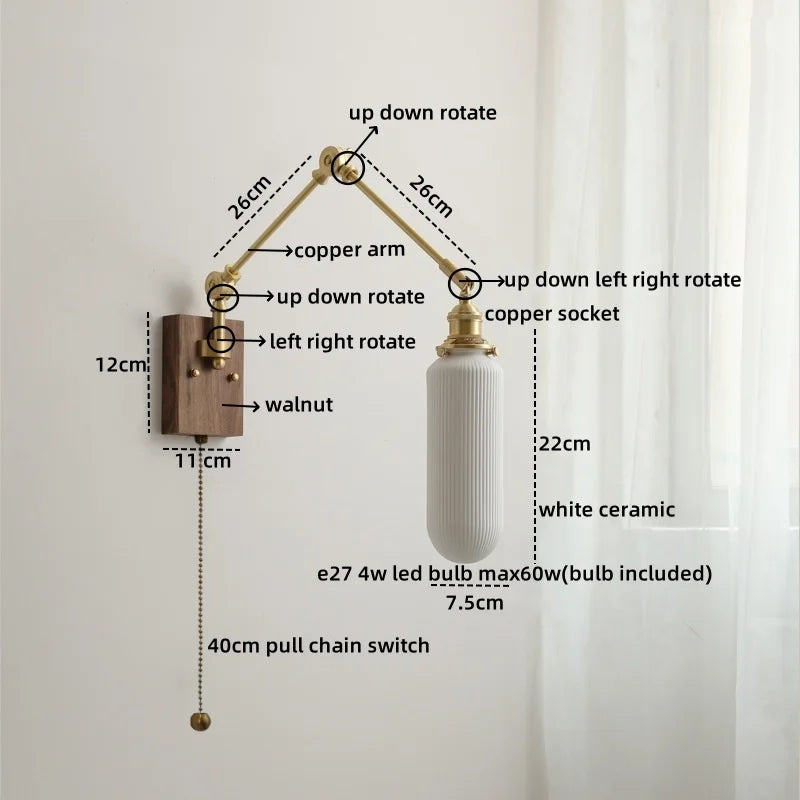 Ceramic Copper Swing Arm LED Wall Lights for Home Decor