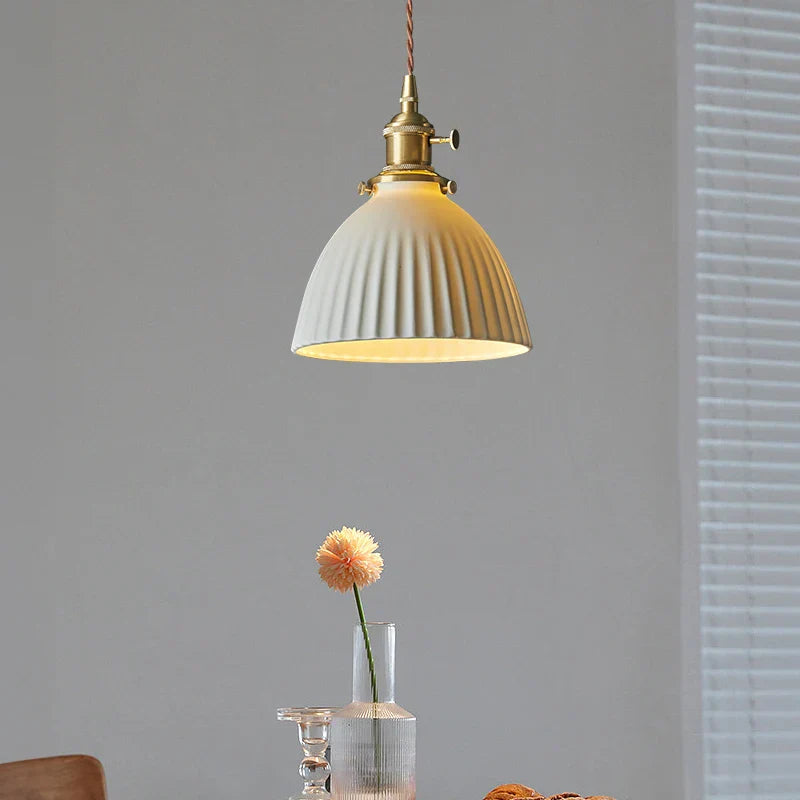 White Ceramic Brass LED Pendant Light - Vintage Japanese Hanglamp