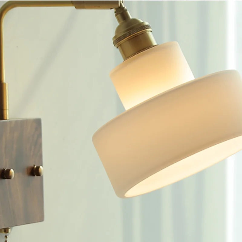 White Glass LED Wall Light Fixture Walnut Wood Brass Pull Chain Switch