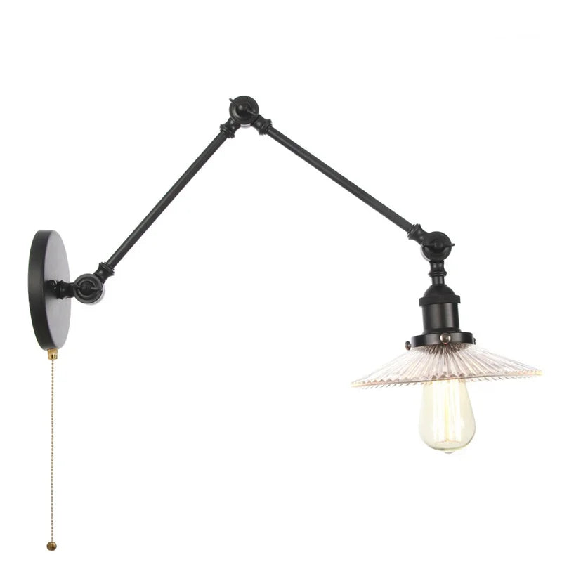 Industrial Loft Swing Arm Wall Sconce Clear Glass Pull Chain Switch Bedside Lamp