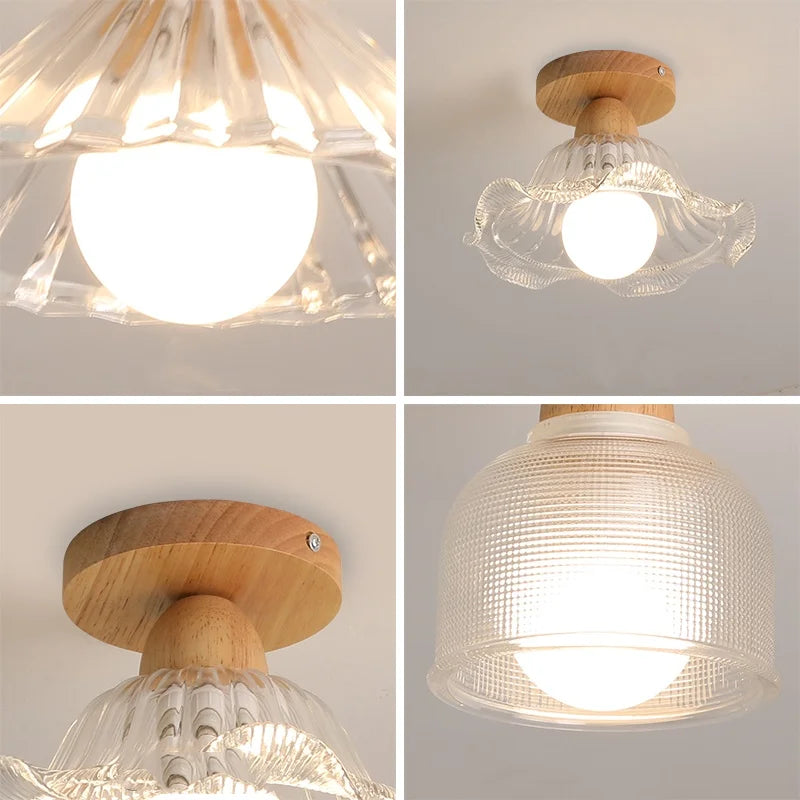 Nordic Wood Glass LED Ceiling Light Modern Indoor Lighting Balcony Corridor Restaurant