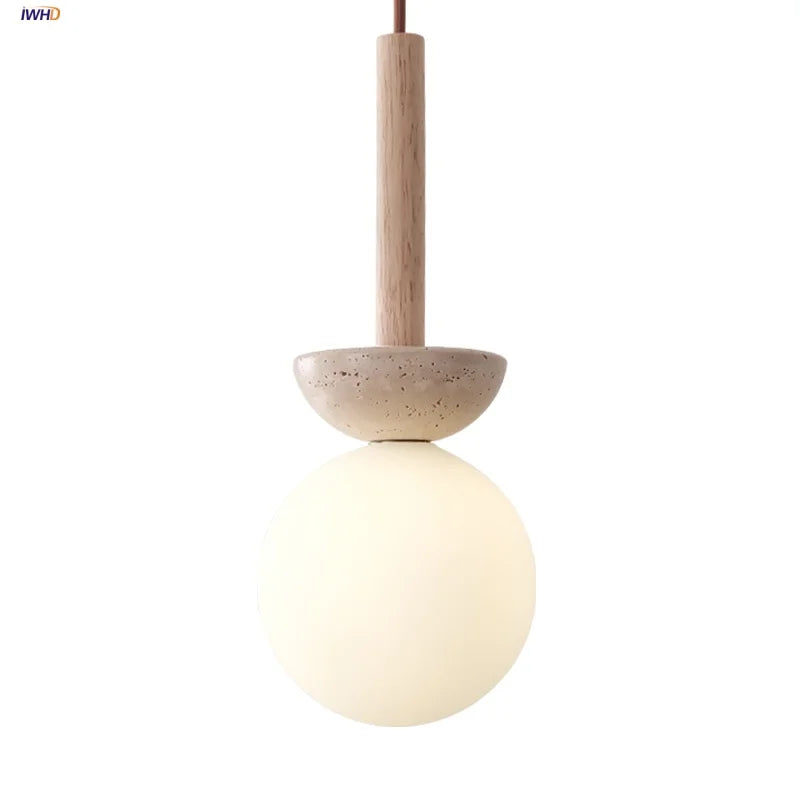 White Glass LED Pendant Lights Modern Yellow Travertine Wood Hang Lamp