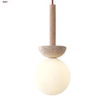 White Glass LED Pendant Lights Modern Yellow Travertine Wood Hang Lamp