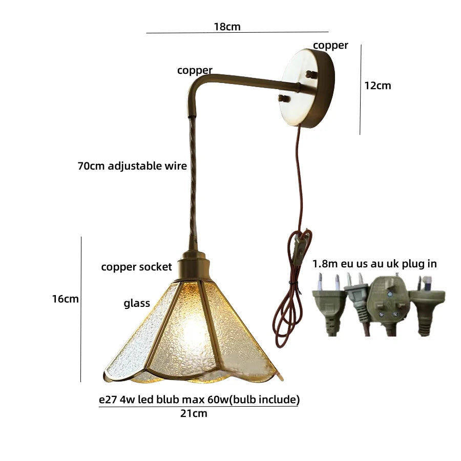 Blue Glass LED Wall Sconce Pull Chain Switch Staircase Tiffany Style Mirror Light