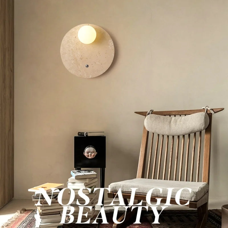 White Glass LED Wall Lights Yellow Travertine Stone Modern Disc Switch Bedside Lamp