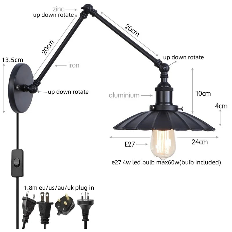 Afralia™ Gold LED Industrial Wall Lamp with Pull Chain Switch