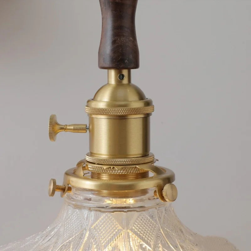 Glass LED Pendant Lamp Walnut Wood Copper Switch Nordic Hanging Light