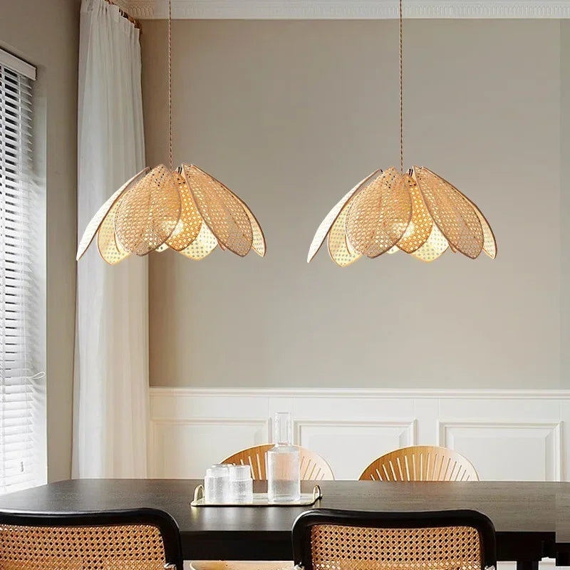 Rattan Petal Chandelier: Modern Nordic Wabi Sabi LED Pendant Light