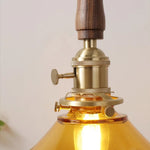 Amber Glass LED Pendant Light with Walnut Handle for Dining Living Room