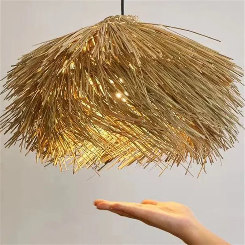 Wabi Sabi Rattan Straw Hat Pendant Chandelier - Nordic Retro B&B Suspended Lamp