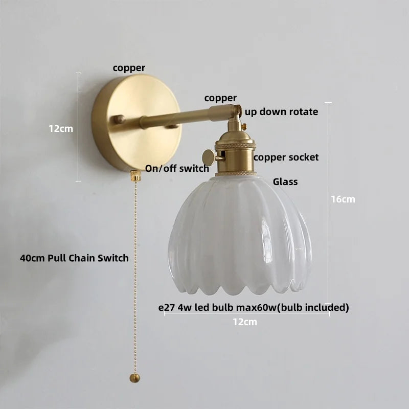 Afralia™ Amber Glass Vintage Style LED Wall Light with Pull Chain Switch