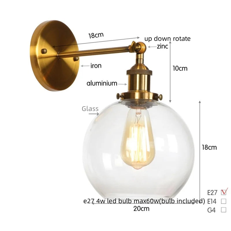 Afralia™ Glass Globe LED Wall Light Fixture Single Arm Bedside Lamp Vintage Industrial Style