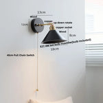 Black Wood LED Wall Light with Pull Chain Switch, Rotating Japanese Style Bedside Lamp