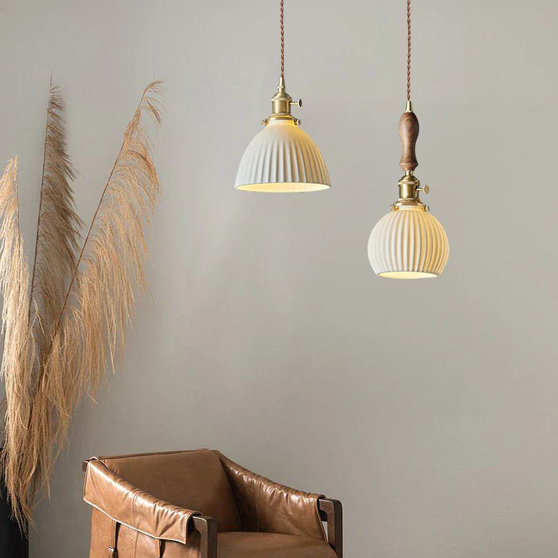 White Ceramic Brass LED Pendant Light - Vintage Japanese Hanglamp