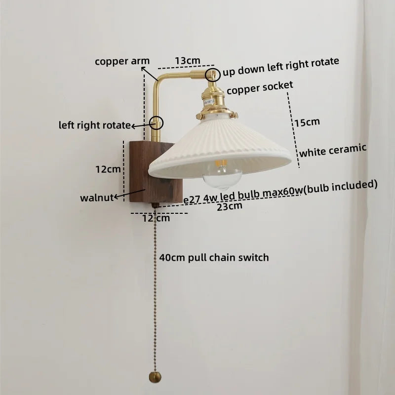 Walnut Ceramic LED Wall Lamp Pull Chain Switch - Modern Bathroom Mirror Light