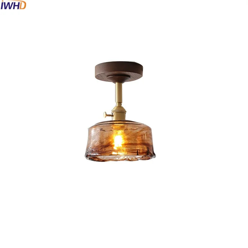 Amber Glass Copper LED Ceiling Light Fixture for Modern Home Decor