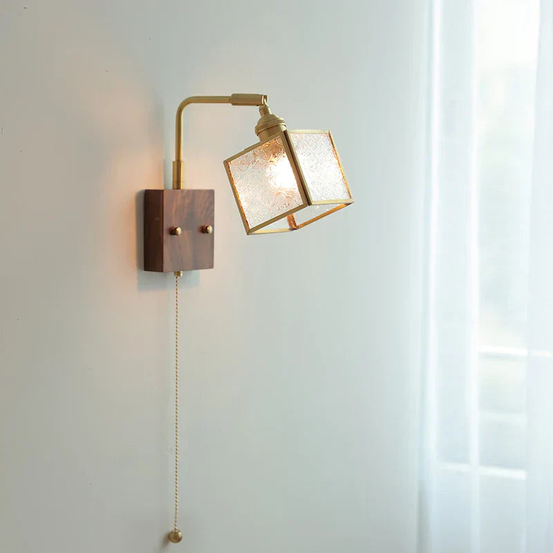 Walnut LED Wall Lights Pull Chain Switch Bedside Lamp Vintage Cube Glass Stair Light