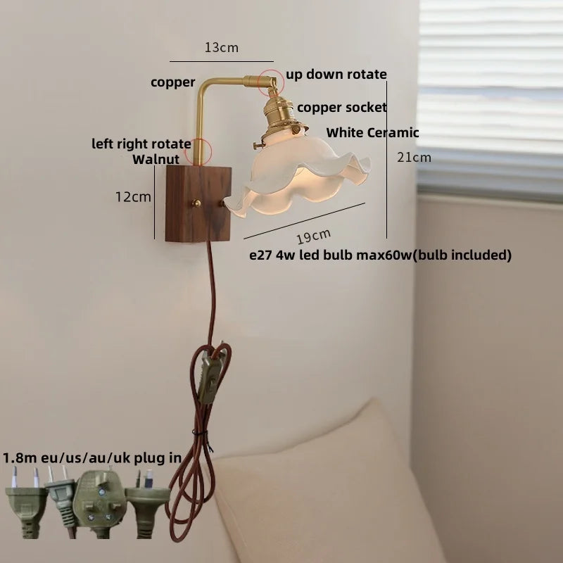 Walnut Brass Ceramic LED Wall Sconce | Modern Nordic Rotatable Stair Light