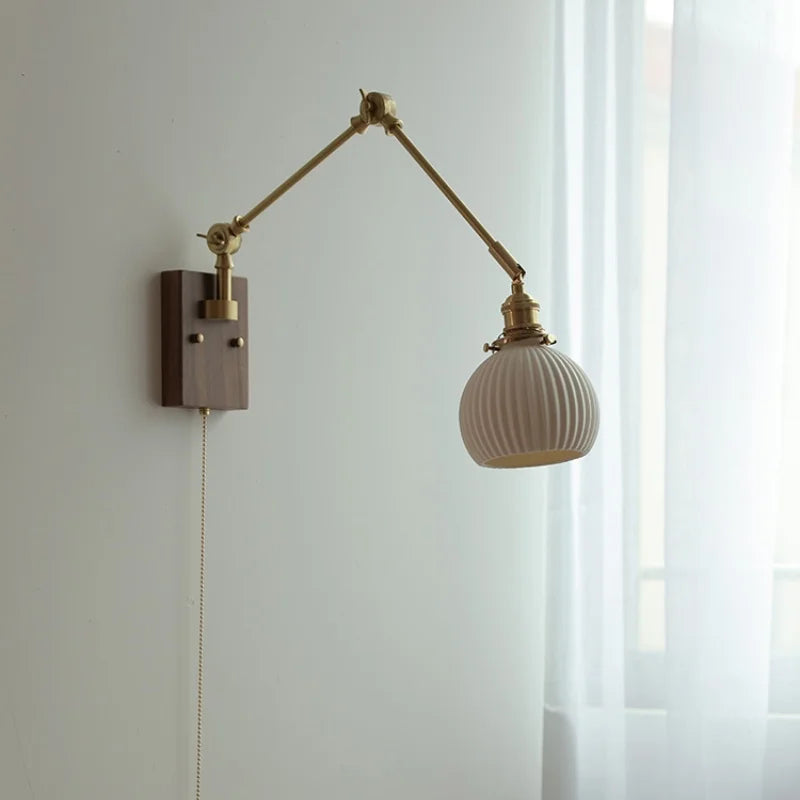 Ceramic Ball Brass Walnut Wood Wall Light with Pull Chain Switch