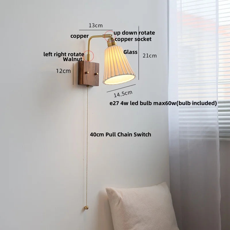 Walnut Wood LED Wall Sconce Rotatable Glass Bedside Lamp Nordic Modern