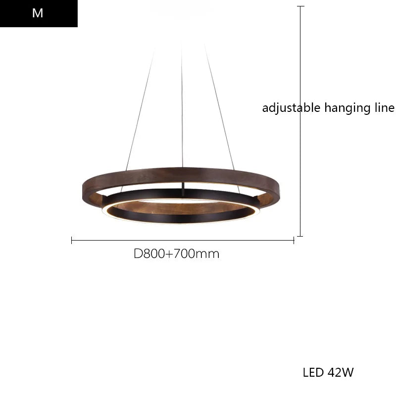 Wood Grain Chandelier: Minimalist Round LED Hanging Light Fixture for Home Decor