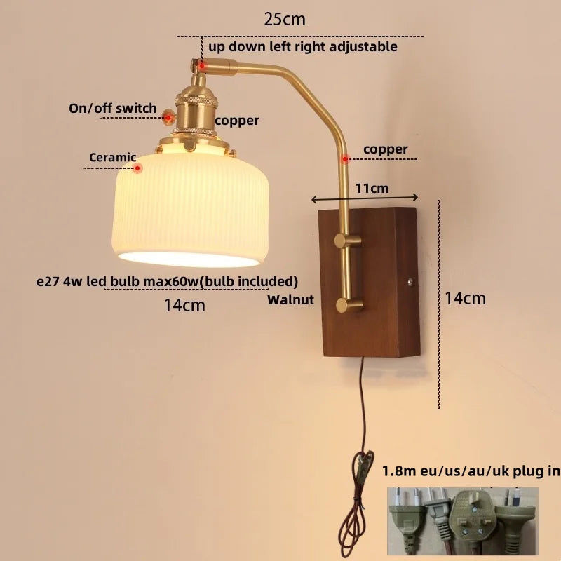 Walnut Wood LED Wall Light Nordic Modern Glass Pull Chain Switch