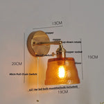 Clear Glass LED Wall Sconce with Pull Chain Switch, Brass E27, Bedroom Reading Light