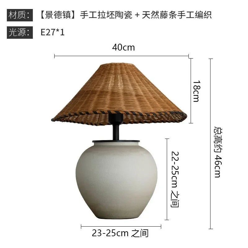 Wabi-sabi Ceramic Rattan Weave Table Lamp LED E27 for Living Room Bedroom Hotel