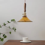 Amber Glass LED Pendant Light with Walnut Handle for Dining Living Room