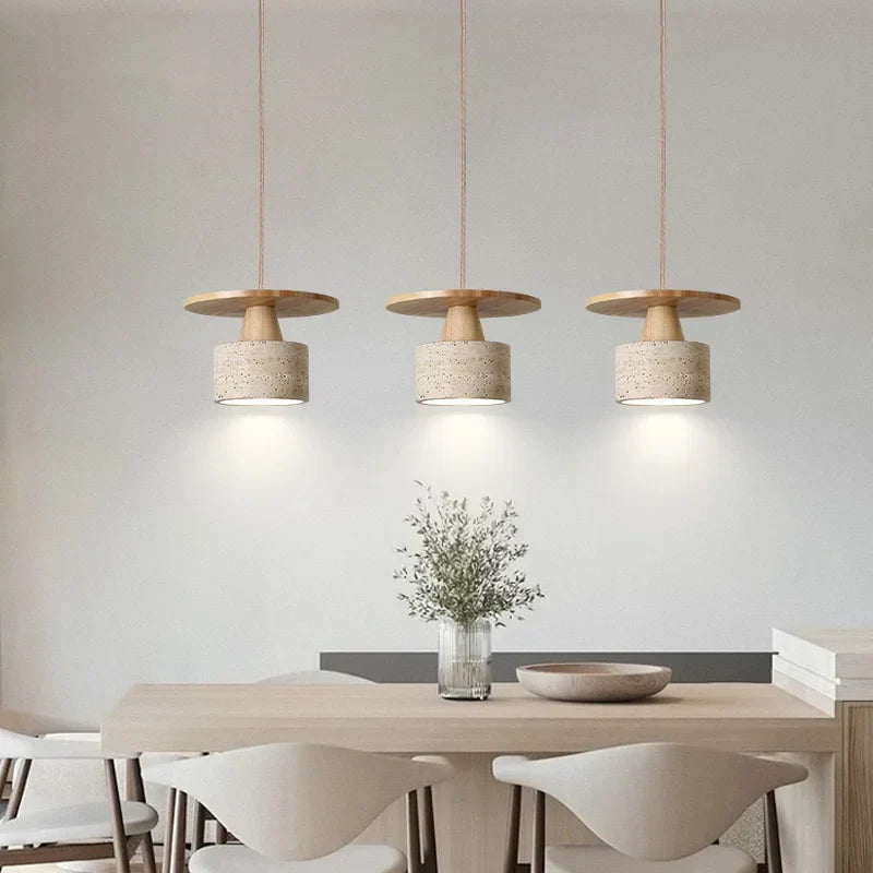 Yellow Travertine LED Pendant Lamp with Natural Wood Accent